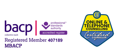 An image of the BACP collective mark with registered member number 407189 and the Online and Telephone Counselling Certified Counsellor mark.